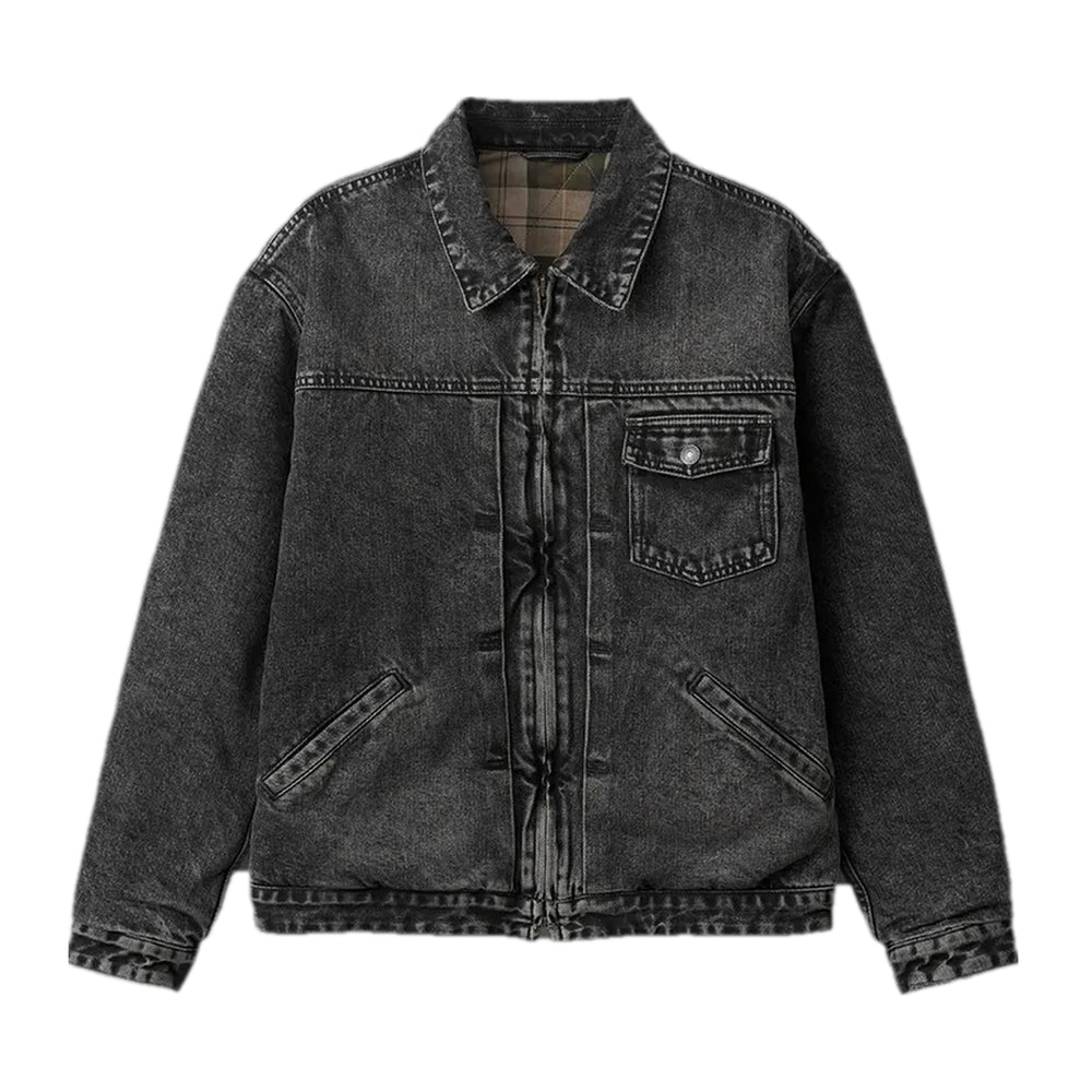Stonewashed Plaid Men's Jean Jacket - Grey