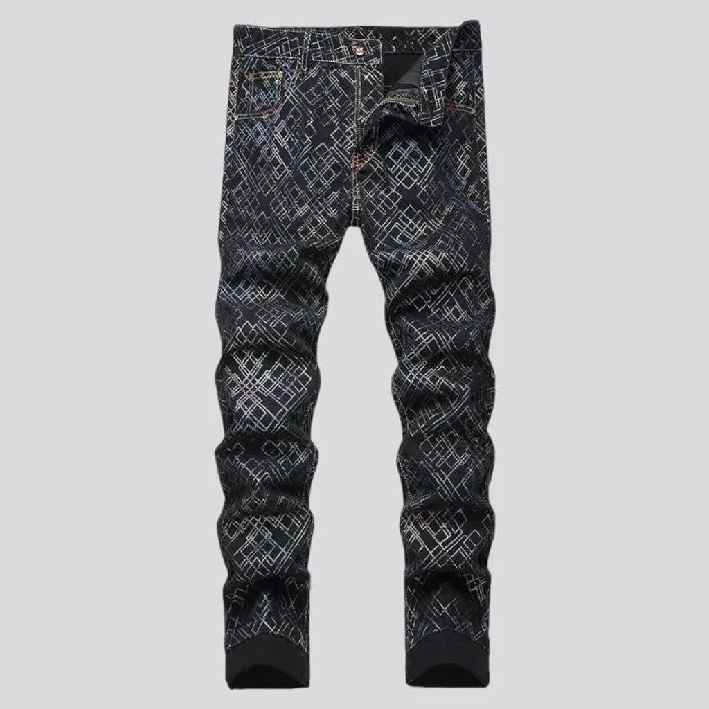 painted, skinny, ornament-print, color, black, mid-waist, 5-pockets, zipper-button, men's jeans | Jeans4you.shop
