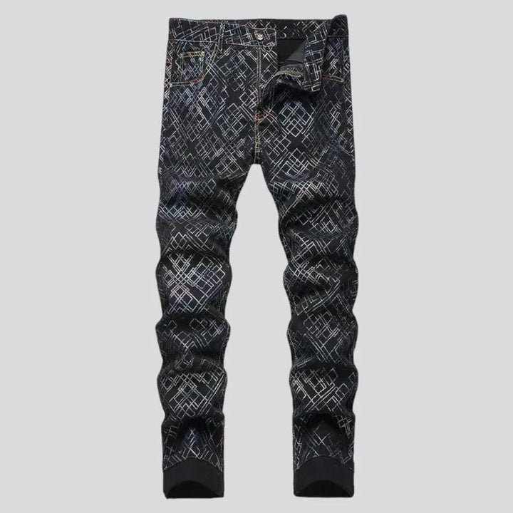 painted, skinny, ornament-print, color, black, mid-waist, 5-pockets, zipper-button, men's jeans | Jeans4you.shop